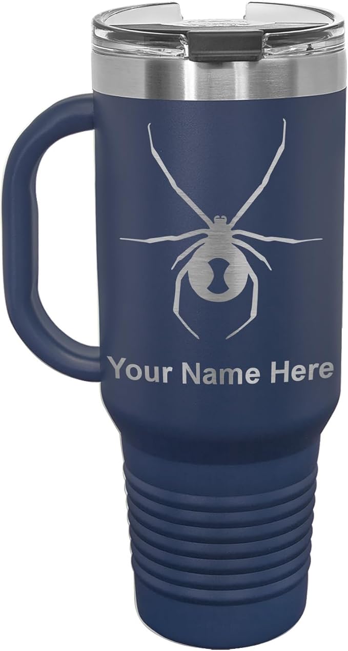 LaserGram 40oz Vacuum Insulated Travel Mug with Handle, Black Widow Spider, Personalized Engraving Included (Navy Blue)