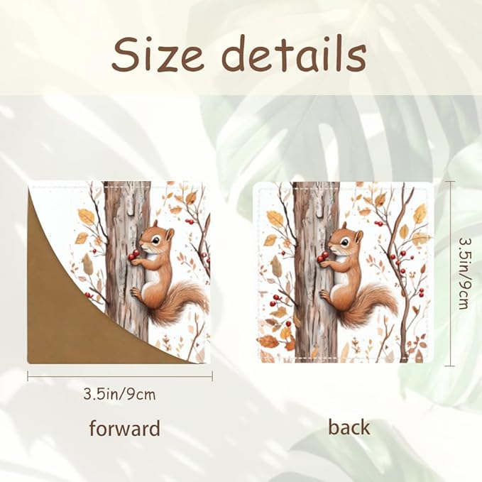 2PCS Leather Bookmarks 3.54 x 3.54 Inch Autumn Squirrel with Red Berries Design Reading Accessories for Books Journals Bibles Travel Diary Students Teachers and Book Lovers Gift