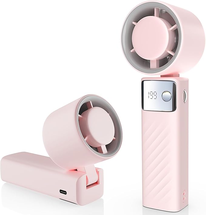 Portable Handheld Turbo Fan - Foldable Mini Fan with Air Turbo Tech, 1-199 Speed Adjustment, 20H Runtime, LED Display, Battery-Powered for Indoor/Outdoor Use Nude Pink