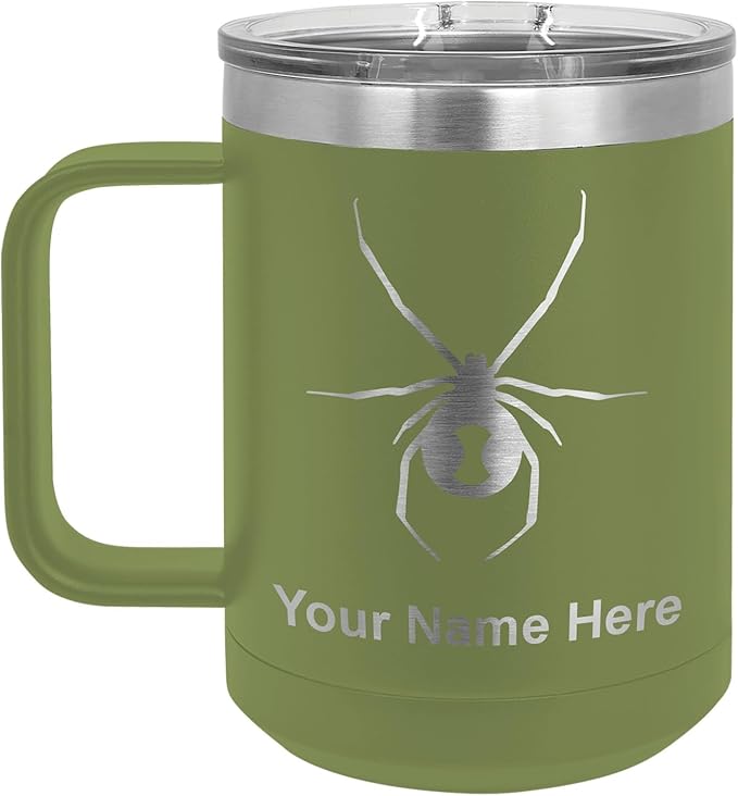 LaserGram 15oz Vacuum Insulated Coffee Mug, Widow Spider, Personalized Engraving Included (Camo Green)
