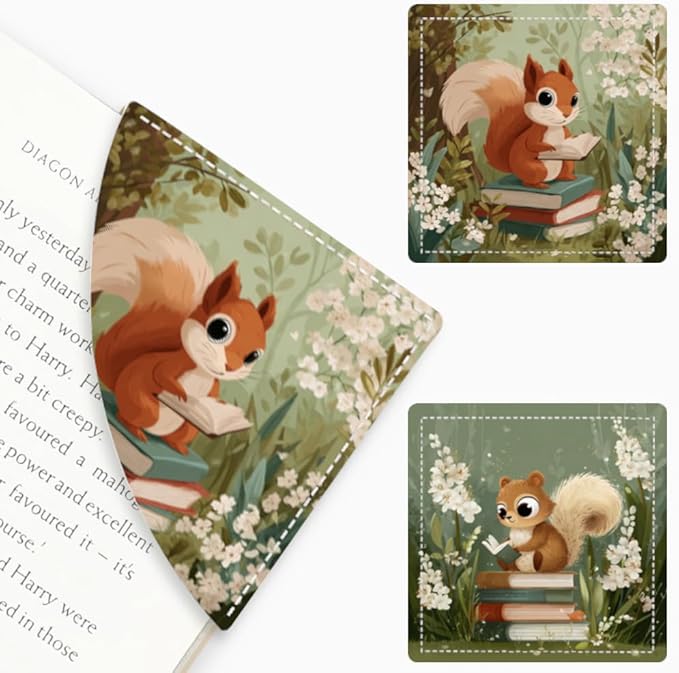 2PCS Leather Bookmarks 3.54 x 3.54 Inch Cute Squirrel Reading Books Design Reading Accessories for Books Journals Bibles Travel Diary Students Teachers and Book Lovers Gift