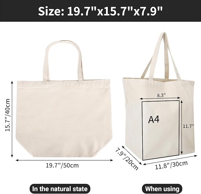Segarty Blank Tote Canvas Bag with Zipper, 3pcs 19.7x15.7 inch Bags with Handles, 12oz Heavy Duty Reusable Washable Grocery Shopping Bags Plain Bags for Teacher DIY Art Craft Paint Embroidery