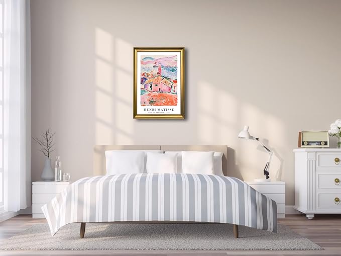 Wieco Art Large Framed Wall Art View of Collioure 1905 by Henri Mattise Abstract Colorful Art Matisse Posters Canvas Prints for Wall and Home Office Decorations Bronze Gold Frame