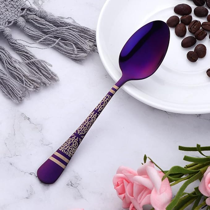 Purple Unique Pattern Design Coffee Espresso Spoons Mini, Mingcheng Stainless Steel Small Teaspoons Silverware Set of 12, BISDARUN 5.5 Inches Food Spoons for Demitasse Dessert Tea