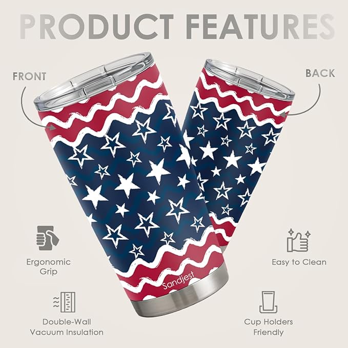 SANDJEST American Flag Tumbler 20oz, Stainless Steel Travel Cup with Lid, Insulated Coffee Mug, Gifts for Men Women Boys Girls Friends Sisters Brothers on Birthday Christmas July 4th
