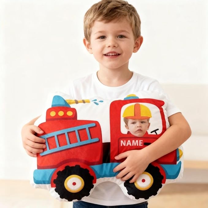 Custom Funny Fire Truck Shaped Pillow with Kids Face and Name Personalized Fire Truck Pillow for Boys Customized Soft Plush Pillow for Room Decor Play Perfect Birthday for Kids