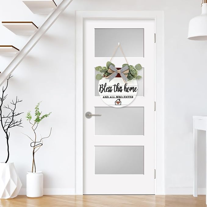 TOARTi 3D Bless This Home Wooden Door Sign Hanging, Welcome Porch Wall Sign with Bow-Knot Wreath, Bless This Home and Who Enter Sign Housewarming Gift for Kitchen/Entryway/Porch/Front Door