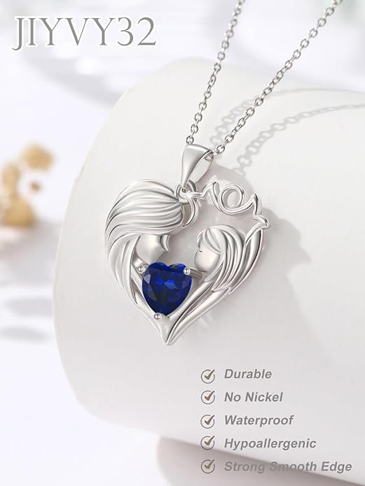 Mother and Daughter/Son Love Heart Necklace White Gold/14K Gold/Rose Gold Birthstone Jewelry Christmas Mothers Day Birthday Gifts For Mom Wife Grandma Women