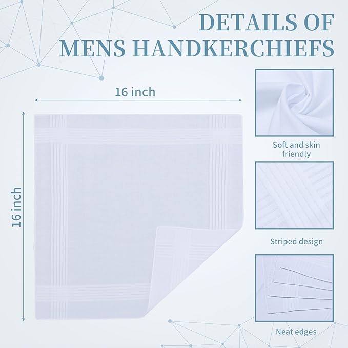 Men's Handkerchiefs 16 inches, 100% Cotton Handkerchiefs for Men, Soft White Hankies for Men