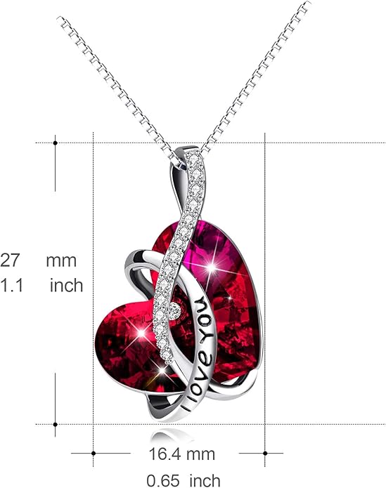 AOBOCO I Love You Sterling Silver 12 Birthstone Heart Pendant Necklace Embellished with Crystals from Austria, Mother's Day Anniversary Birthday Jewelry Christmas Gifts for Women Grandma Nana