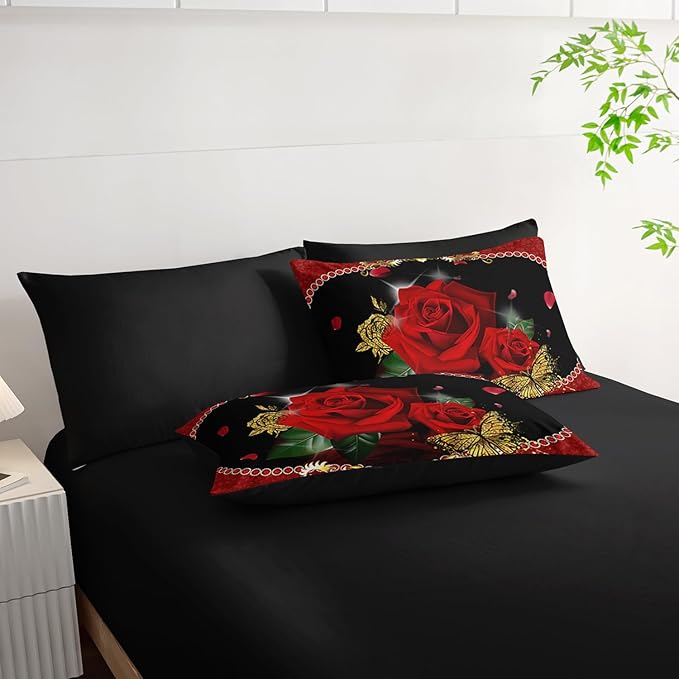 AILONEN 3D Oil Painting Red Rose Comforter Set Full Size,7-Piece 3D Rose and Butterfly Pattern Bed in a Bag,Comforter & Fitted Sheet with Flat Sheet & 2 Pillowcases,2 Pillow Cases for Bedroom