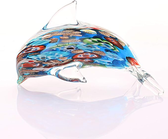 Quligeta Glass Dolphin Figurine Handmade Blown Sea Animal Sculpture Statue Paperweight Gift Collectible Home Desk Decoration Ornaments (Murano)