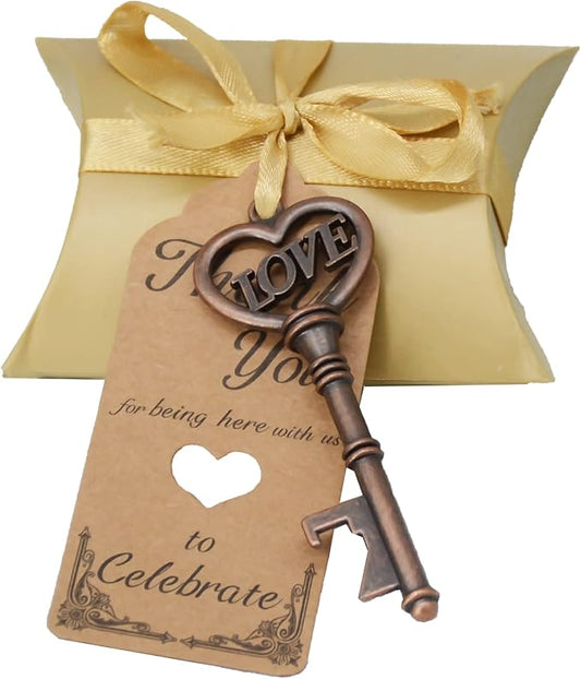 Aokbean 50 pcs Vintage Skeleton LOVE Key Bottle Openers Pillow Candy Box Escort Thank You Tag French Ribbon Wedding Souvenir Gift for Guest (Copper)