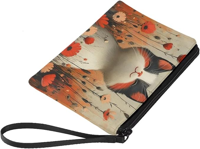 Dolyues Cat Flower Change Purses for Women Zipper Coin Purse Floral Coin Pouch With Wristlet Cute Wallets for Shopping Travel and Work