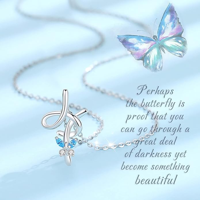 EUDORA Sterling Silver Butterfly Initial Necklaces for Women, Elegant Letter Neckles Personalized Gift for Mother, Sister, Daughter, 18 inch Chai