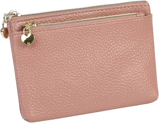 Women's Genuine Leather Coin Purse Zipper Pocket Size Pouch Change Wallet, Dark Pink