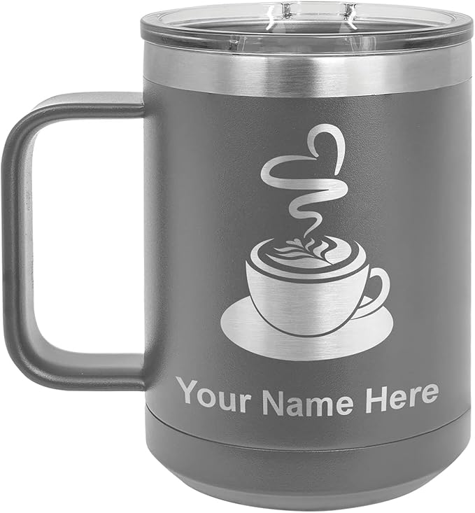LaserGram 15oz Vacuum Insulated Coffee Mug, Cup of Coffee, Personalized Engraving Included (Gray)