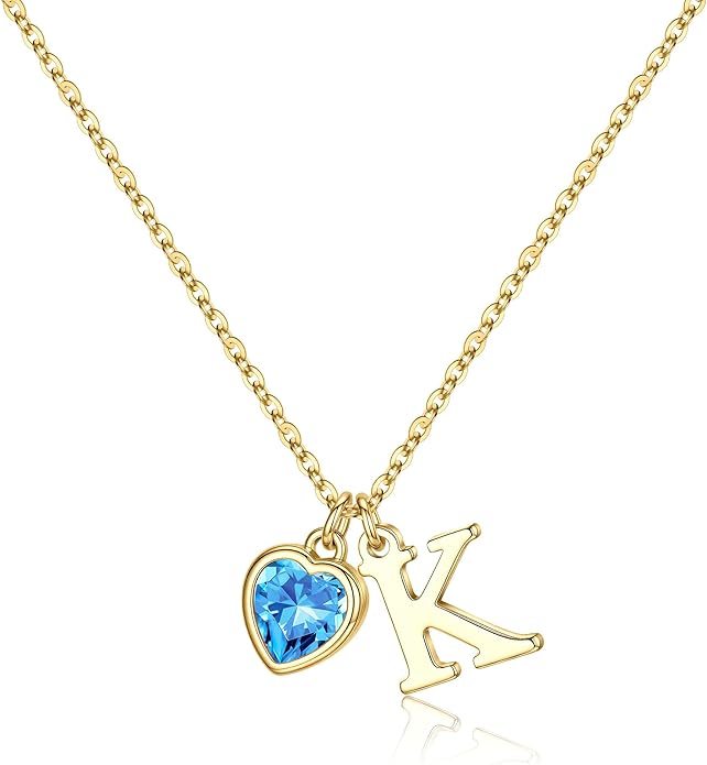 Turandoss Valentines Day Gifts for Her Trendy, Dainty 14K Gold Plated Initial A-Z Heart Birthstone Pendant Necklace Personalized Bridesmaid Birthday Valentines Jewelry Gifts for Women Girls