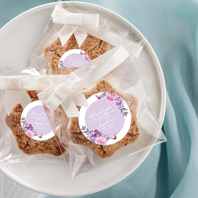 Andaz Press 40-Pack Personalized 2" Round Circle Quinceañera Labels, Lilac Butterflies Custom Thank You Sticker Labels for Quince Años, XV, 15th Birthday Favor Gifts, Quinceanera Decorations