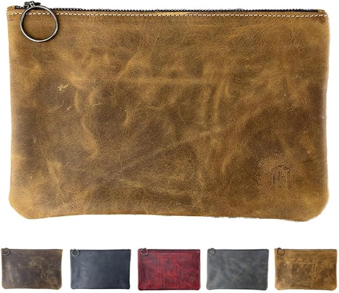 Leather Pouch with Zipper (Tobacco, 10.5" x 7")