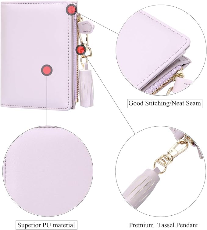 GEEAD Small Wallets for Women Bifold Slim Coin Purse Zipper ID Card Holder PU Leather Light Purple