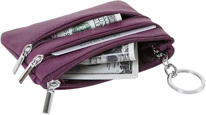 Women's Genuine Leather Coin Purse Mini Pouch Change Wallet with Keychain