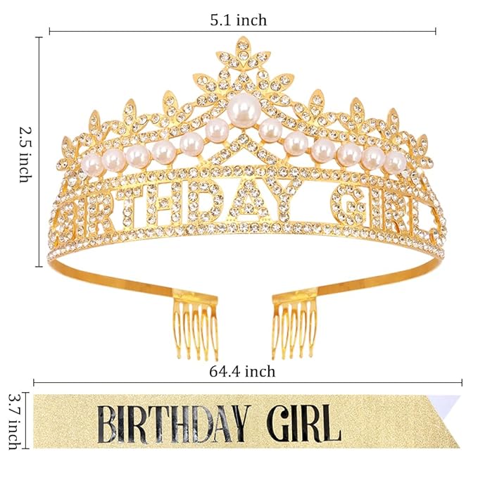 Gold Birthday Girl Crown and Sash, Pearl Birthday Tiara, Gold Birthdays Decorations Set, Princess Crown Tiara for Women and Girls