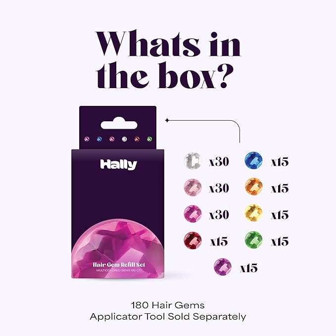 Hally Hair Gems Pen Refill Set - Includes 180 Multicolored Adhesive Gem Stickers Hair Jewels - Stylish Hair Accessories for School, Halloween, Festivals, Wedding, Parties & More