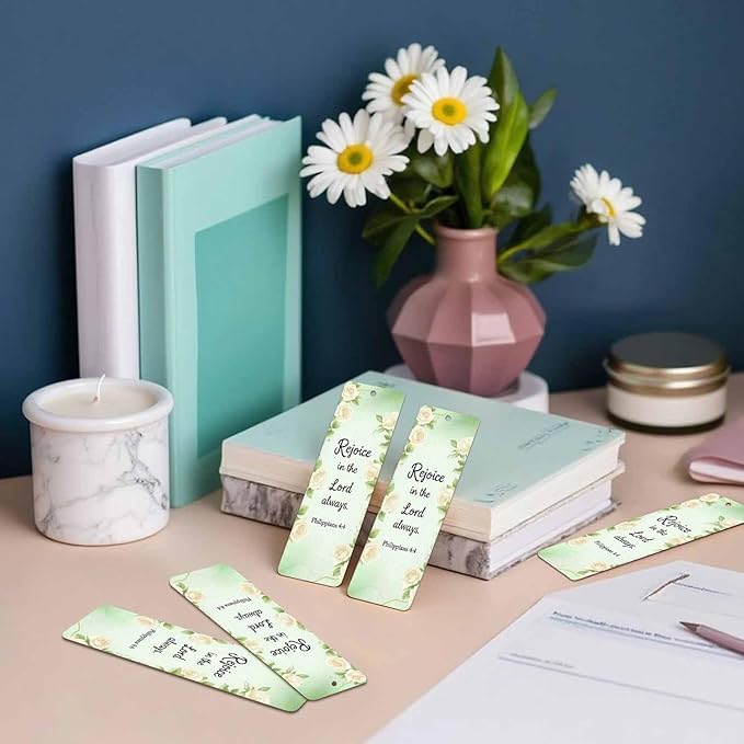 White Flowers Bookmarks 5 Pcs with Tassels Rejoice Bible Word Green Wooden Bookmarks for Reading Women Students Teacher Reader