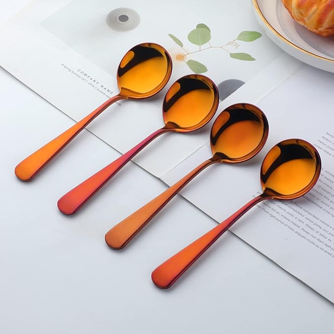 Buyer Star 8 Pieces Stainless Steel Round Soup Spoon, 6.3 Inch Mirror Polished Spoon Cutlery, Dishwasher Safe (Rainbow Red)