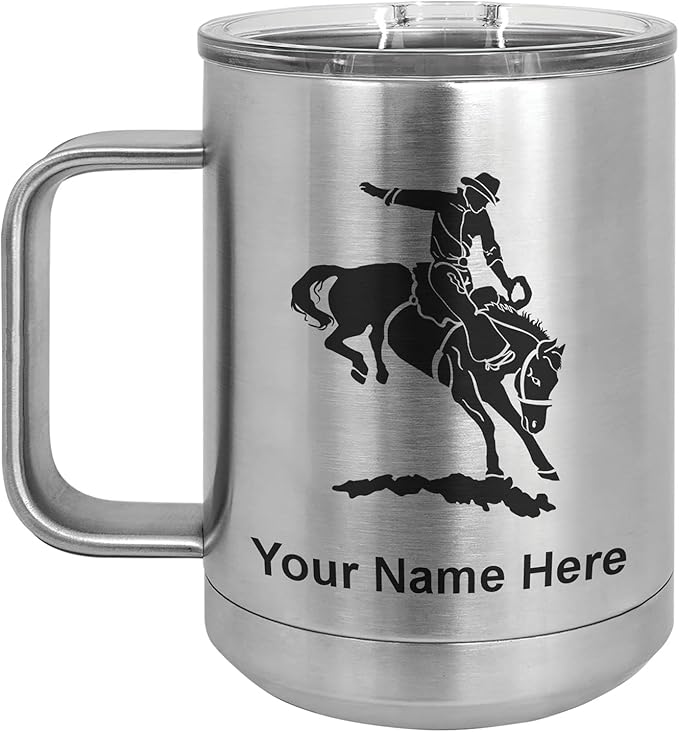 LaserGram 15oz Vacuum Insulated Coffee Mug, Bronco Rider, Personalized Engraving Included (Stainless Steel)