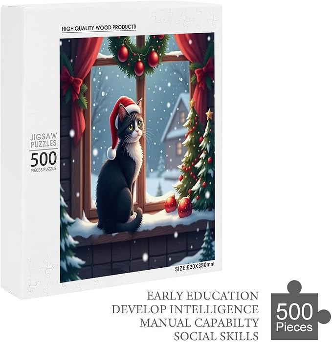Jigsaw Puzzles for Adults 500 Piece - Christmas Black Cat Wooden Puzzles, Stress Relief Games, Funny Puzzles，Unique Gifts for Wall Art，Family Puzzles，Educational Games