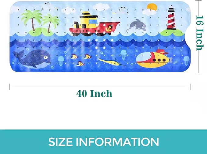 Bath Mat for Tub for Kids Non Slip Bathtub Mat for Baby Toddler Extra Long Bathroom Shower Mat with Suction Cups,Drain Holes,40X16 Inch,Ships