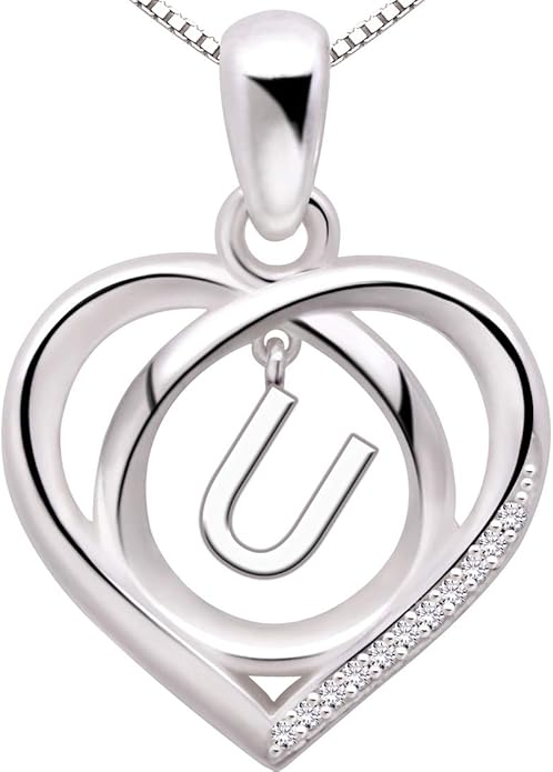 ALOV Jewelry Sterling Silver Initial Letter Alphabet Love Heart Cubic Zirconia Pendant Necklace