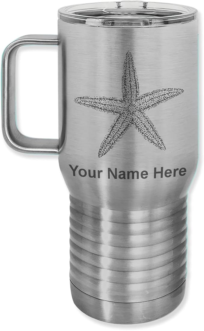 LaserGram 20oz Vacuum Insulated Travel Mug with Handle, Starfish, Personalized Engraving Included (Stainless Steel)