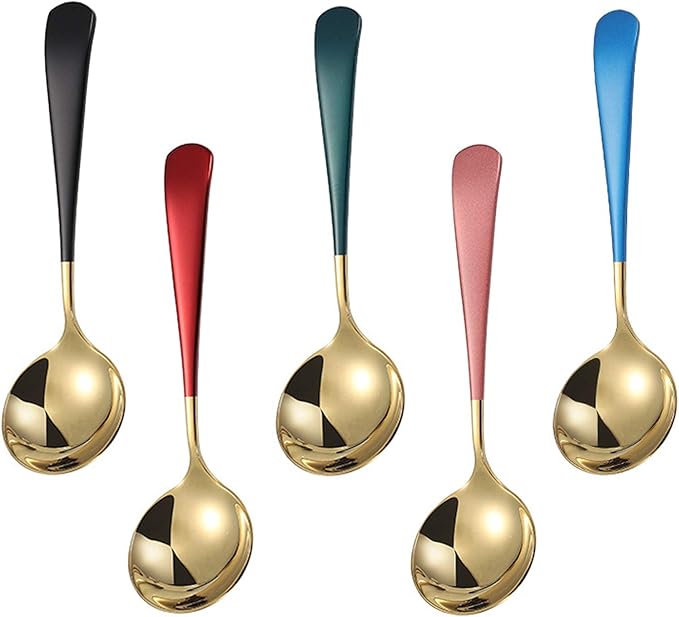 Metal Soup Spoons,Stainless Steel Spoons for Soup Round Colorful Dinner Spoons Thick Short handle Table Spoon 6.3-Inch, Set of 5 (Gold)