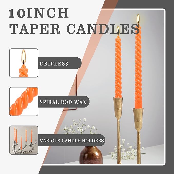 12 Pack 10 Inch Spiral Taper Candle Set, Unscented Dripless Candlesticks for Dinner,Party Brithday Wedding,Halloween and Home Decoration（Orange ）