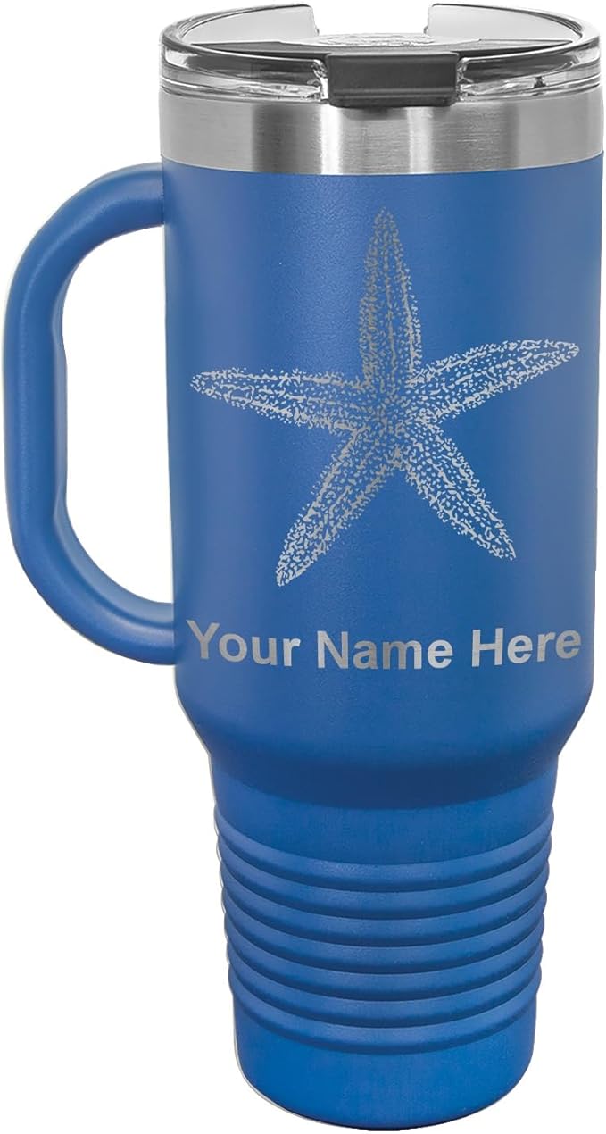 LaserGram 40oz Vacuum Insulated Travel Mug with Handle, Starfish, Personalized Engraving Included (Dark Blue)