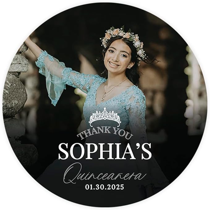 Andaz Press 40-Pack Personalized 2" Round Circle Quinceañera Labels, Thank You Sticker Labels with Custom Photo Crown for Quince Años, XV, 15th Birthday Favor Gifts, Quinceanera Decorations