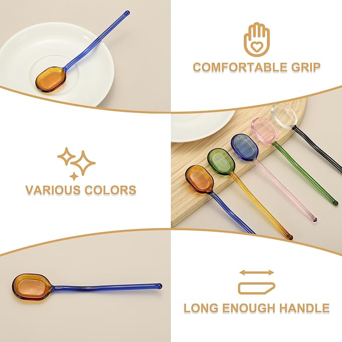uxcell 5 Pcs Glass Coffee Spoons, 6.2 Inch Coffee Stirring Spoon, Long Handle Teaspoons for Tea Cocktail Milkshake Cold Drink, Pink