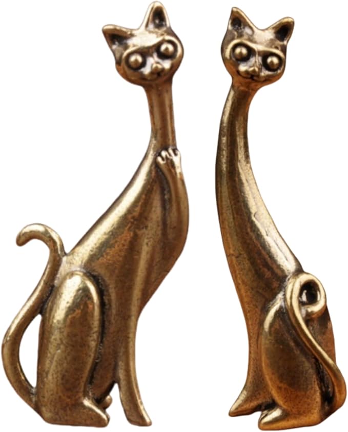 Brass Animals Figurine Decorative,Metal Statue,Set of 2 Pure Brass Long Necked Cat Statues,Exquisite Decor for Bookshelves,Ideal Decor for Home,Office,or Café