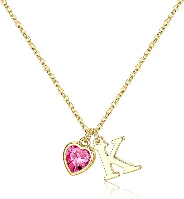 Turandoss Valentines Day Gifts for Her Trendy, Dainty 14K Gold Plated Initial A-Z Heart Birthstone Pendant Necklace Personalized Bridesmaid Birthday Valentines Jewelry Gifts for Women Girls