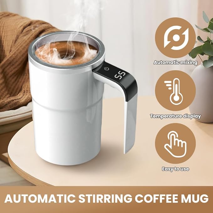 Automatic Magnetic Stirring Coffee Mug with Temperature Display, Rechargeable Stirring Mugs, Multifunctional Spin Mug Birthday Gift for Home Office Kitchen Travel Birthday Gift (White)