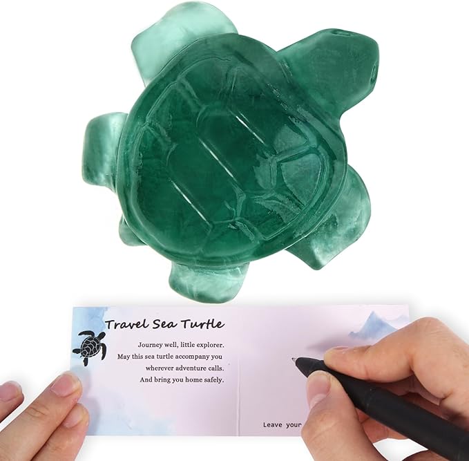 Crystal Travel Sea Turtle Figurines, Fluorite Sea Turtle Travel Gifts for Women Men Travelers, Hand Carved Good Luck Charm, Spiritual Companion Collectible Animal Statue Decors 2.1”