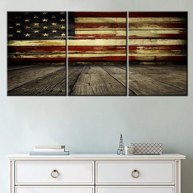 Wall Pictures for Living Room Native American USA Flag Wall Art on Canvas Wooden Floor Paintings 3 Piece Patriotic Artwork Giclee Contemporary House Decor Framed Stretched Ready to Hang(42''Wx20''H)