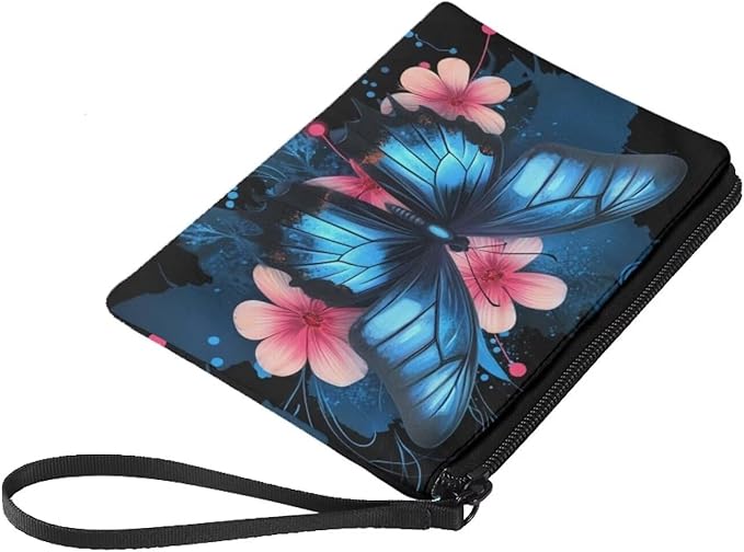 Dolyues Womens Coin Purse Black Change Pouch, Clutch Bags Card Cash Wallet, Zipper Around Coins/Phone Organizer Bag Storage Wallets Blue Butterfly and Pink Flower