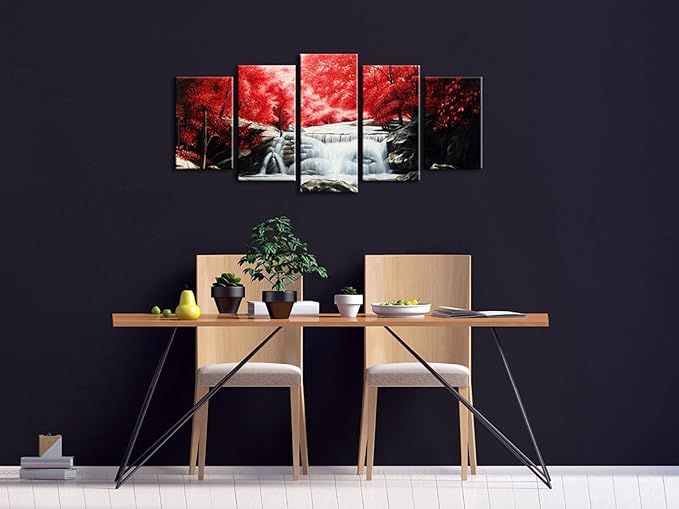 Wieco Art Red Forest Waterfalls 5 Piece Canvas Prints Wall Art for Living Bedroom Room Home Decorations Modern Gallery Wrapped Giclee Grace Landscape Tree Oil Paintings Reproduction Pictures