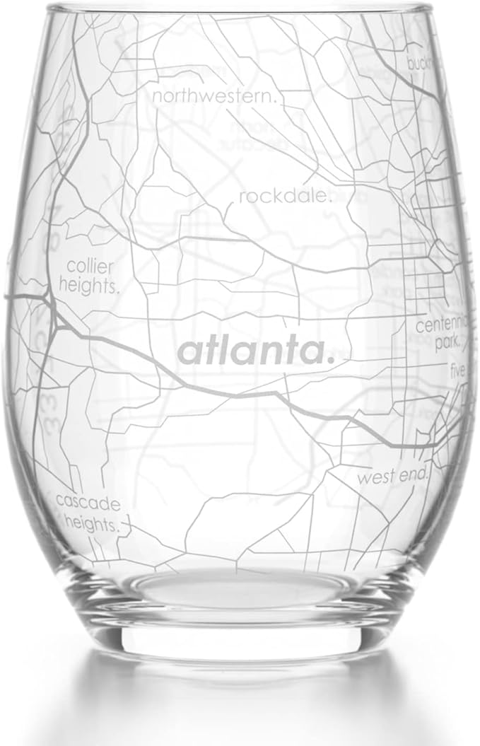 Well Told Engraved Atlanta Georgia Map Stemless Wine Glass (15 oz, Clear) - Etched City Map Custom Glass, Gifts for Wine Lovers