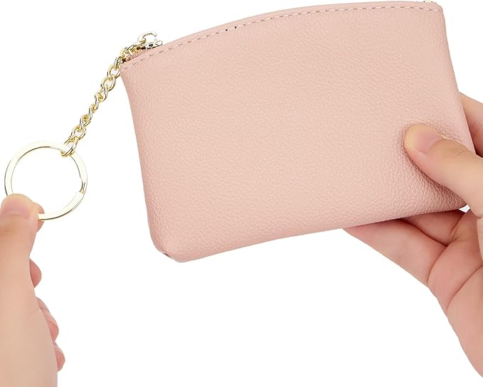 WOZEAH Artificial Leather Coin Purse Change Purse With Key Chain Ring Zipper For Men Women (A Pink)