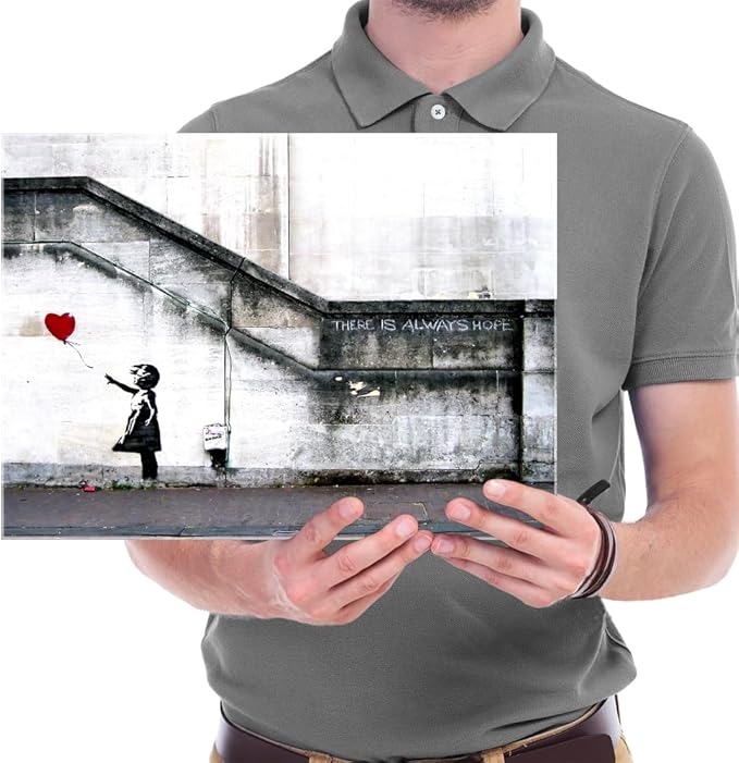 Wieco Art Banksy Grafitti Girl with Red Balloon Canvas Prints Wall Art Grey Love Pictures Paintings for Living Room Bedroom Home Decorations Modern Stretched and Framed Inspirational Giclee Artwork